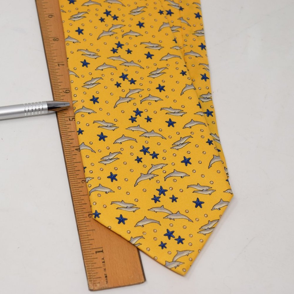 Lancel Paris Necktie Dolphin Starfish Silk Yellow Whimsy Marine Mammal Ocean Fun - Picture 13 of 13